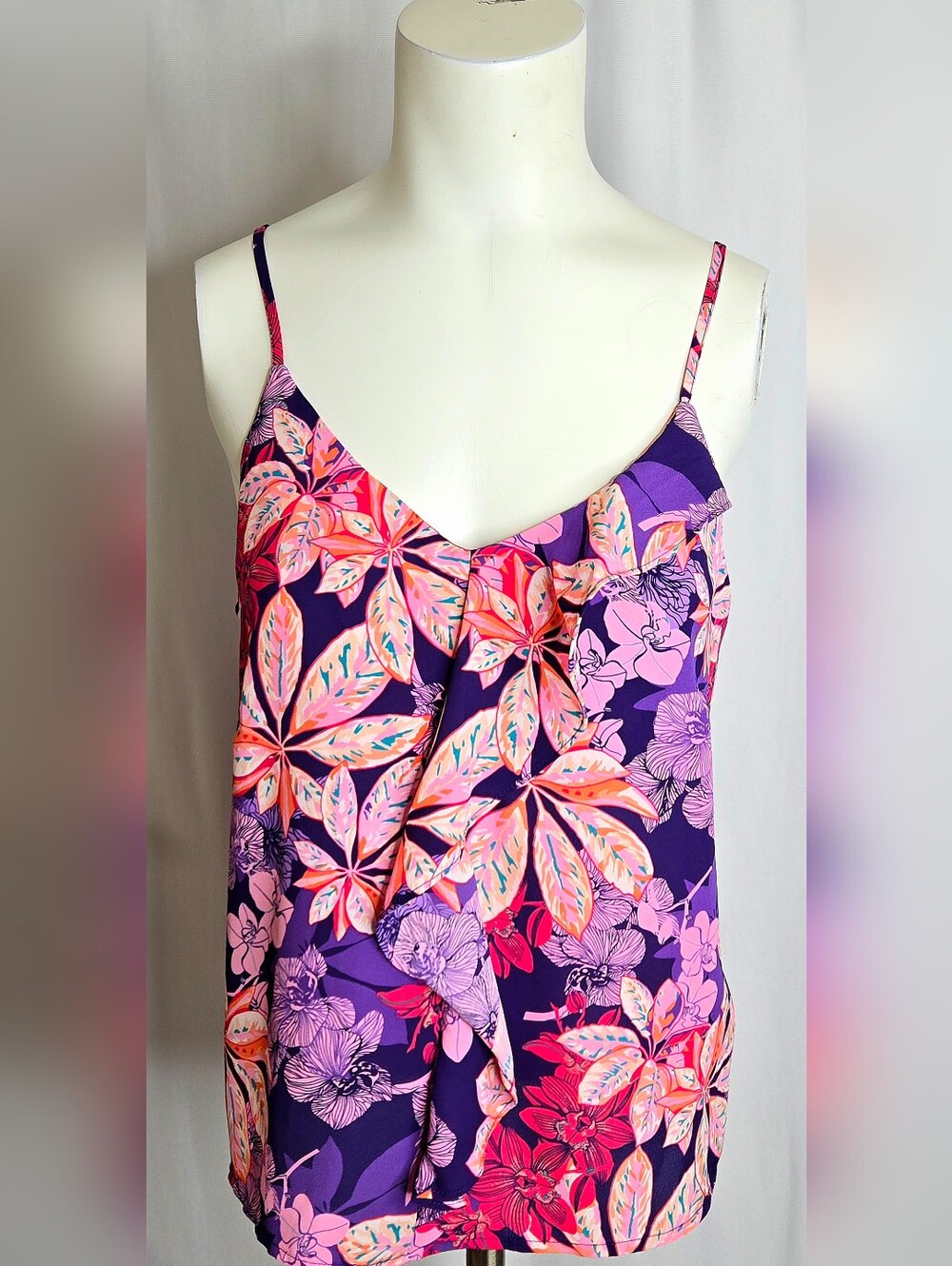 Simply Styled Vibrant Tropical Floral Ruffle Camisole Top MP NWOT